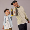 A child and an adult smile while holding two BBoox water bottles, one with a Batman design and one plain gray, in a light background.