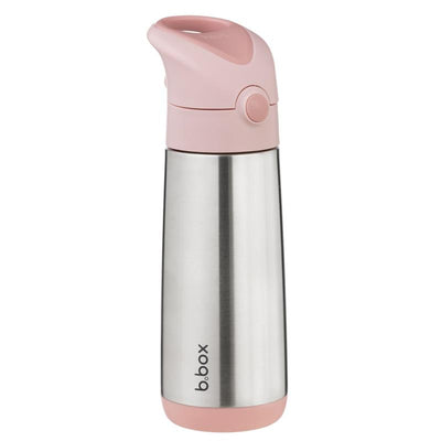 Insulated 16.9 oz water bottle in blush pink and stainless steel, featuring a secure, pink lid with a push-button opening.