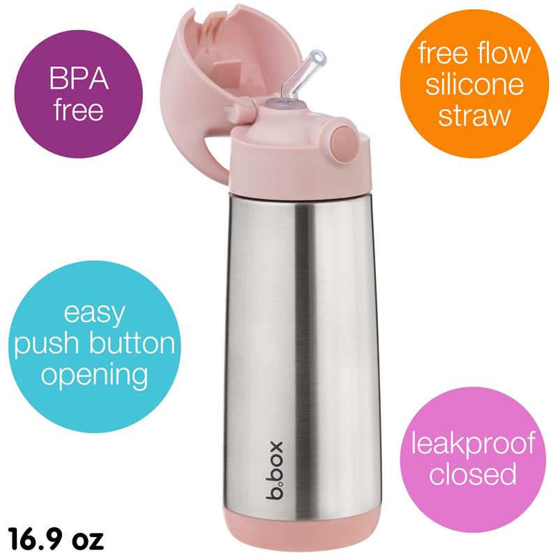 Insulated 16.9 oz BBox water bottle in blush with a pink lid, featuring a silicone straw and push button opening, labeled BPA free and leakproof.