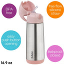 Insulated 16.9 oz BBox water bottle in blush with a pink lid, featuring a silicone straw and push button opening, labeled BPA free and leakproof.
