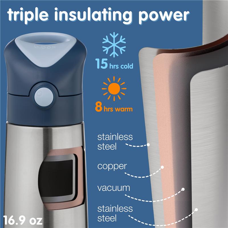 Insulated water bottle in Blush Crush color, 16.9 oz capacity, highlighting triple insulation power for 15 hours cold and 8 hours warm.