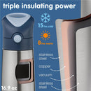 Insulated water bottle in Blush Crush color, 16.9 oz capacity, highlighting triple insulation power for 15 hours cold and 8 hours warm.