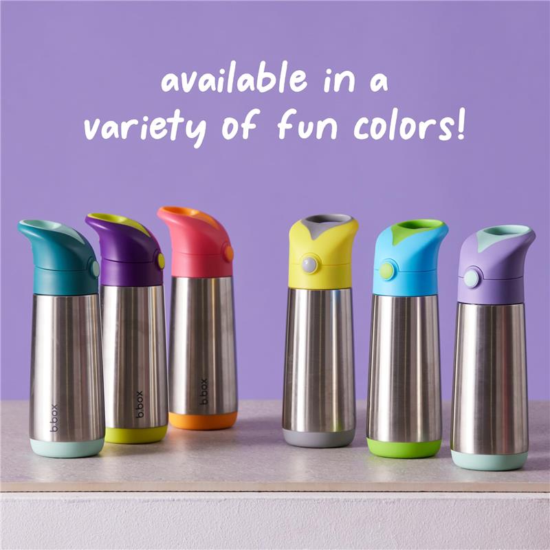 Insulated BBox water bottles in various colors lined up on a table, showcasing vibrant caps and stainless steel bodies.