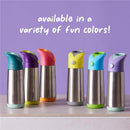 Insulated BBox water bottles in various colors lined up on a table, showcasing vibrant caps and stainless steel bodies.