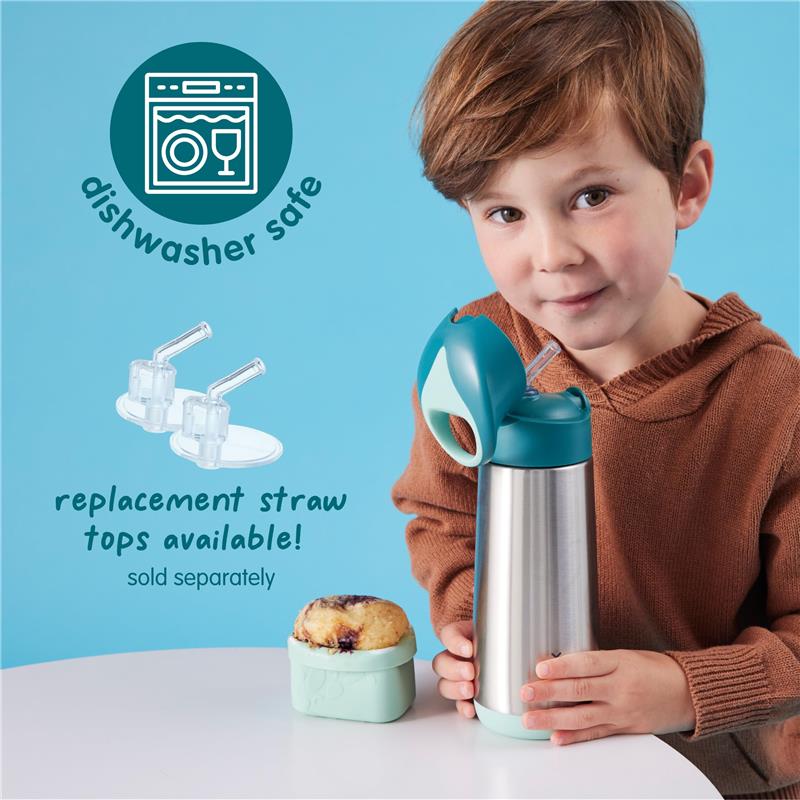 Insulated water bottle in emerald forest color held by a child, with a muffin and replacement straws alongside.