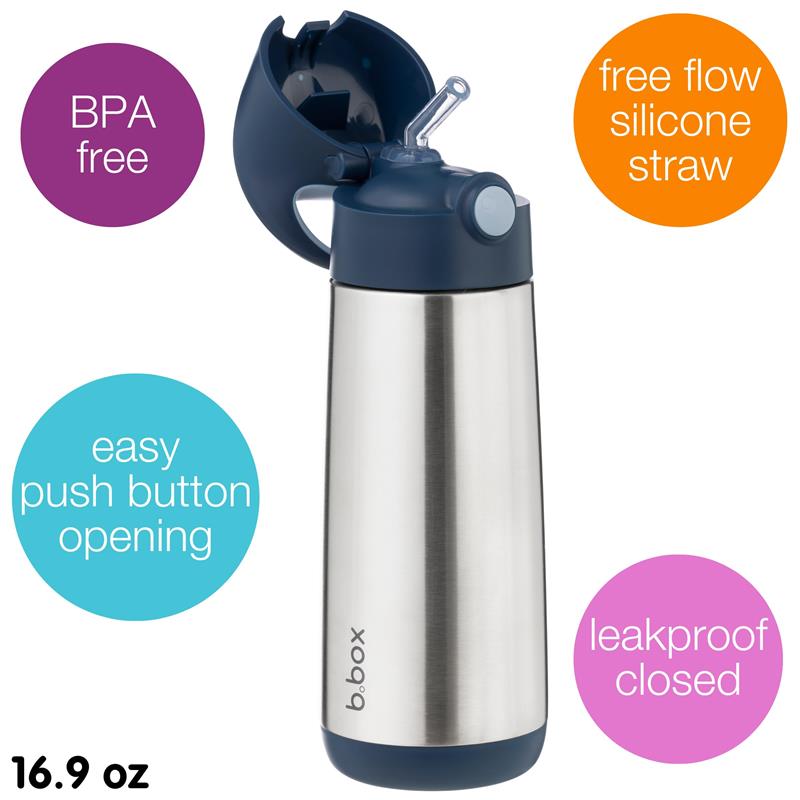 Insulated drink bottle by b.box, 16.9 oz, features a navy color, free flow silicone straw, push button opening, and leakproof design.