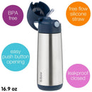 Insulated drink bottle by b.box, 16.9 oz, features a navy color, free flow silicone straw, push button opening, and leakproof design.
