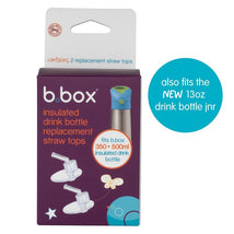 Replacement straw tops for b.box insulated drink bottles, includes two transparent straws and bottle compatibility details.