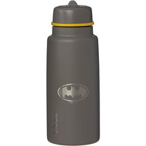 34oz Bbox Batman kids water bottle, gray with a stainless steel straw and yellow accent ring, featuring Batman logo.