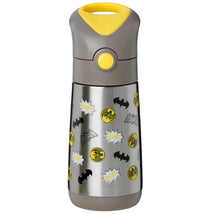 350ml insulated drink bottle in black and yellow, featuring Batman logos and comic-style graphics.