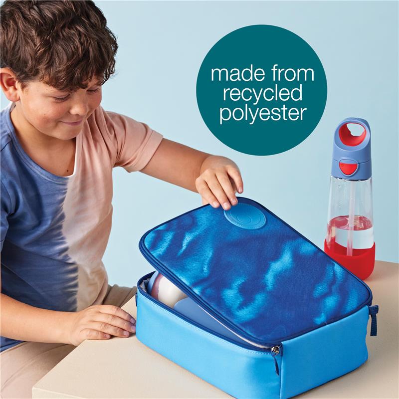 Batman Flexi Insulated Lunch Bag in vibrant blue, being opened by a child, with a water bottle on the side. Recycled polyester material noted.