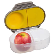 Bbox Batman Snackbox, featuring a divided design with a yellow section and a red apple in the clear compartment.