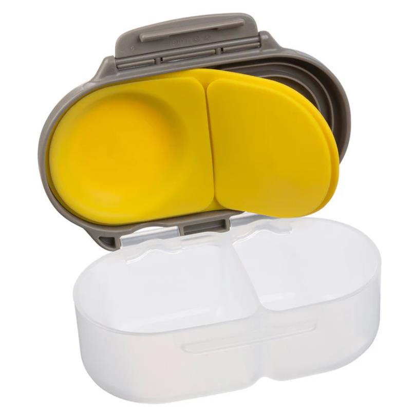 Batman-themed snack box with yellow compartments and a transparent lower section for storing food.
