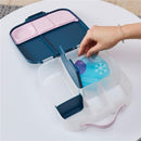 Bbox Gel Cooler Twin Pack with a hand placing a cooling insert into a divided, clear storage container.