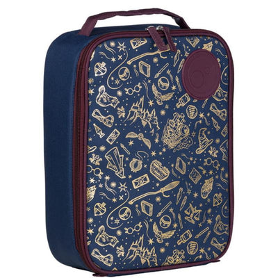 Flexi insulated lunch bag featuring a navy exterior with gold Harry Potter-themed illustrations and a maroon zipper.