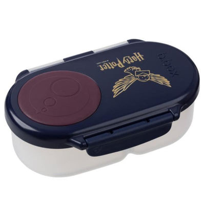 Harry Potter-themed snackbox featuring a navy blue design with a gold logo and a maroon round lid.