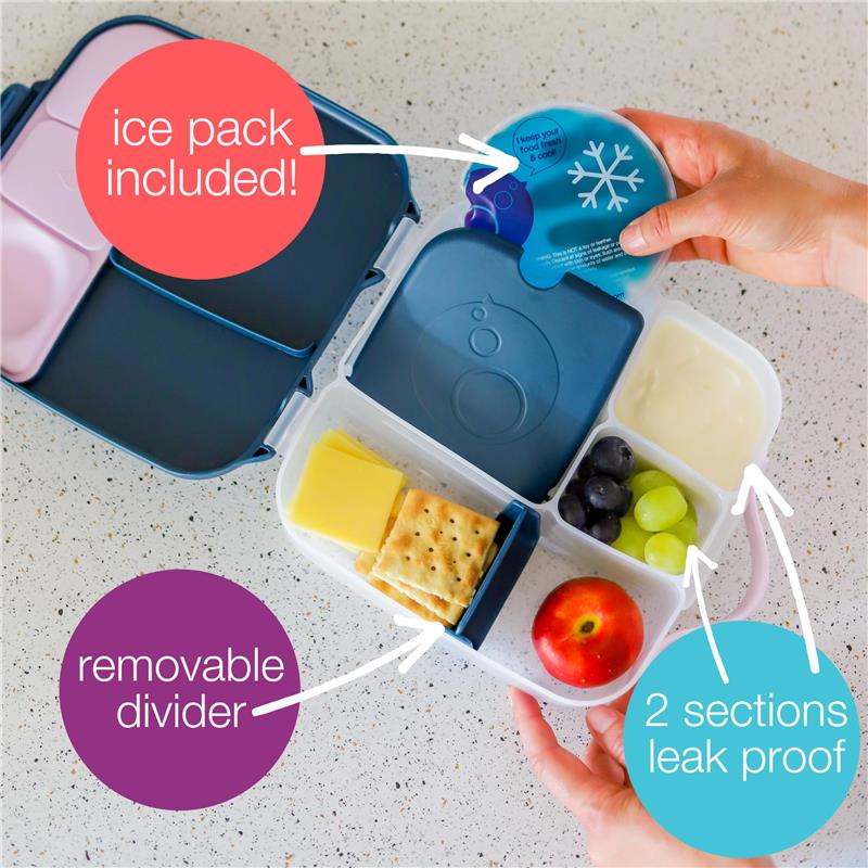Bbox Lunchbox in Emerald Forest featuring removable divider, ice pack, and leak-proof sections with various snacks.