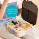 Bbox Lunchbox in Emerald Forest with compartments filled with fruit, vegetables, popcorn, and a bagel.