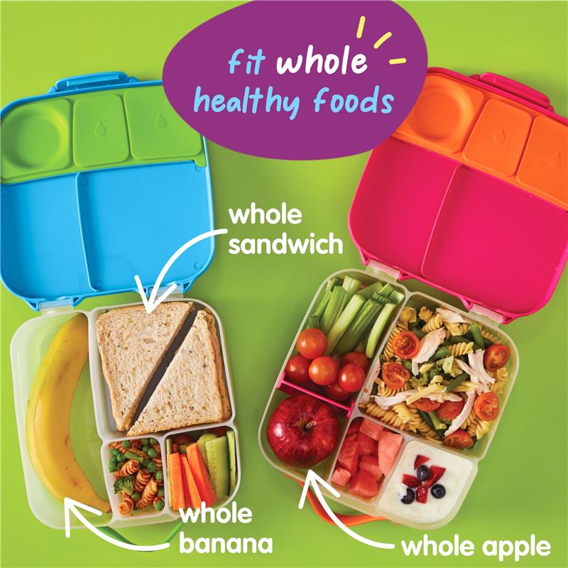 Bbox Lunchbox Midnight displays a blue and pink lunchbox containing a whole sandwich, banana, apple, and various vegetables.