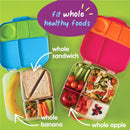 Bbox Lunchbox Midnight displays a blue and pink lunchbox containing a whole sandwich, banana, apple, and various vegetables.