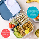 Blush Crush mini lunch box for kids, featuring a silicone seal, removable divider, and compartments filled with snacks.