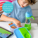 A child in a blue shirt uses the Bbox Mini Lunch Box with compartments for snacks and a green water bottle on a table.