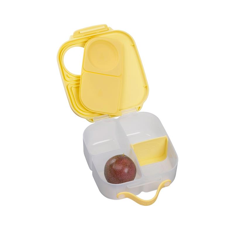 Mini lunch box for kids in lemon yellow, featuring multiple compartments and a red apple inside.