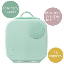 Bbox Mini Lunchbox in spearmint green with easy-carry handle, circle seal for fruit, and 1L capacity labels.