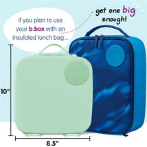 Oversized Bbox lunch box for kids in spearmint, measuring 10 inches by 8.5 inches, next to a blue insulated lunch bag.