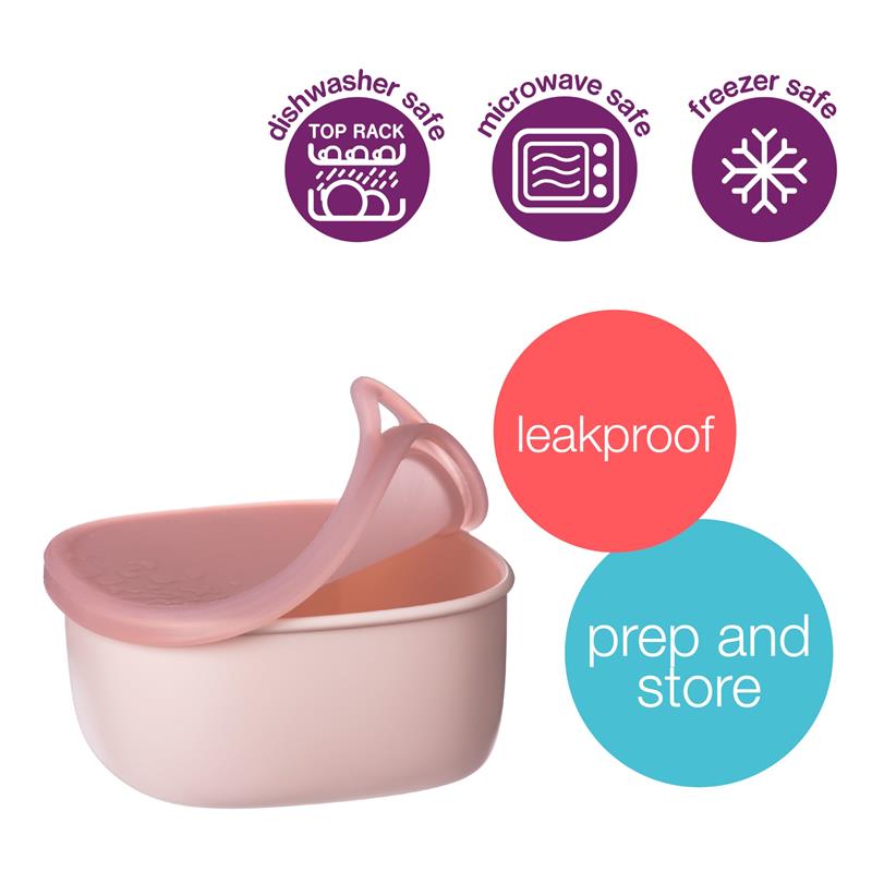 Silicone lunch tub in berry color, featuring a pink lid, labeled as leakproof, microwave, dishwasher, and freezer safe.