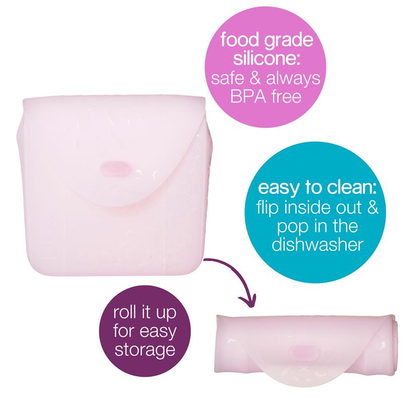 Silicone sandwich pocket in berry color; features a snap closure, easy cleaning instructions, and food-safe labeling.
