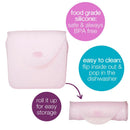 Silicone sandwich pocket in berry color; features a snap closure, easy cleaning instructions, and food-safe labeling.