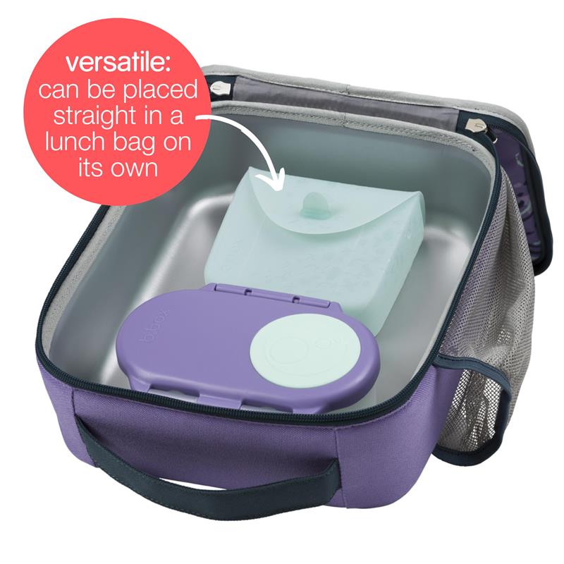 Bbox Silicone Sandwich Pocket in a lunch bag, featuring a light blue container and a purple sandwich box with a green lid.