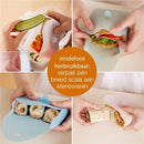 Bbox Silicone Sandwich Pocket Forest holds various foods, showcasing reusable food packaging with visible vegetables, a sandwich, sushi, and a wrap.