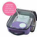 Bbox silicone sandwich pocket in a purple lunchbox, featuring a mint-green compartment and Dutch text about versatility.