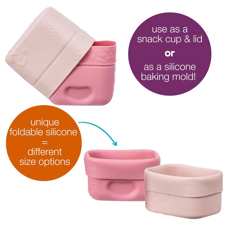 Silicone snack cups in berry colors, shown stacked, highlighting their foldable design and dual-use as snack cups or baking molds.