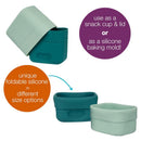 Silicone snack cups in forest colors, foldable for different sizes, used for snacks or as baking molds.