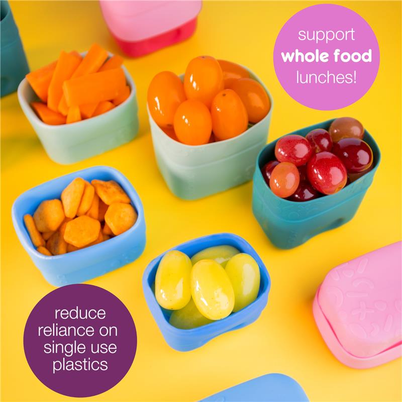 Silicone snack cups in various colors filled with healthy snacks; features text promoting whole food lunches and reducing plastic use.