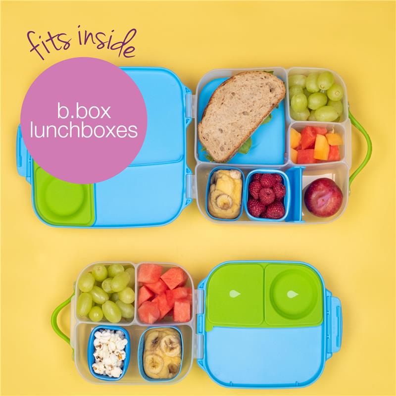 Silicone snack cups in ocean colors, featuring a sandwich, fruits, and snacks, designed to fit inside b.box lunchboxes.