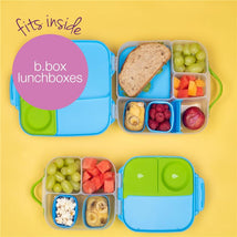Silicone snack cups in ocean colors, featuring a sandwich, fruits, and snacks, designed to fit inside b.box lunchboxes.