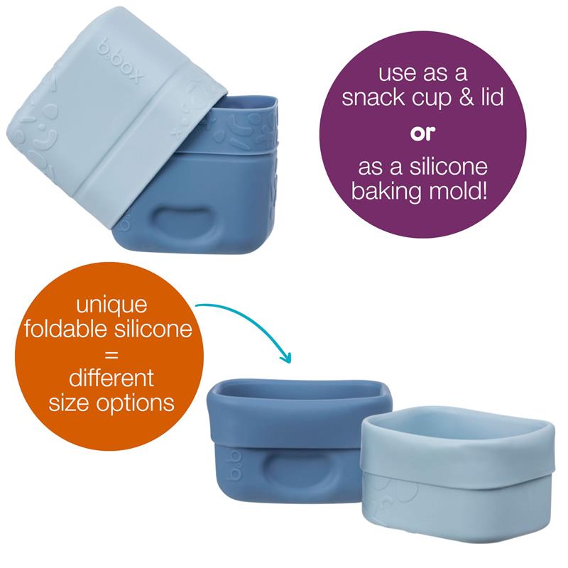 Silicone snack cups in ocean colors, designed for use as snack containers or baking molds, showcasing foldable silicone for size options.