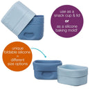 Silicone snack cups in ocean colors, designed for use as snack containers or baking molds, showcasing foldable silicone for size options.