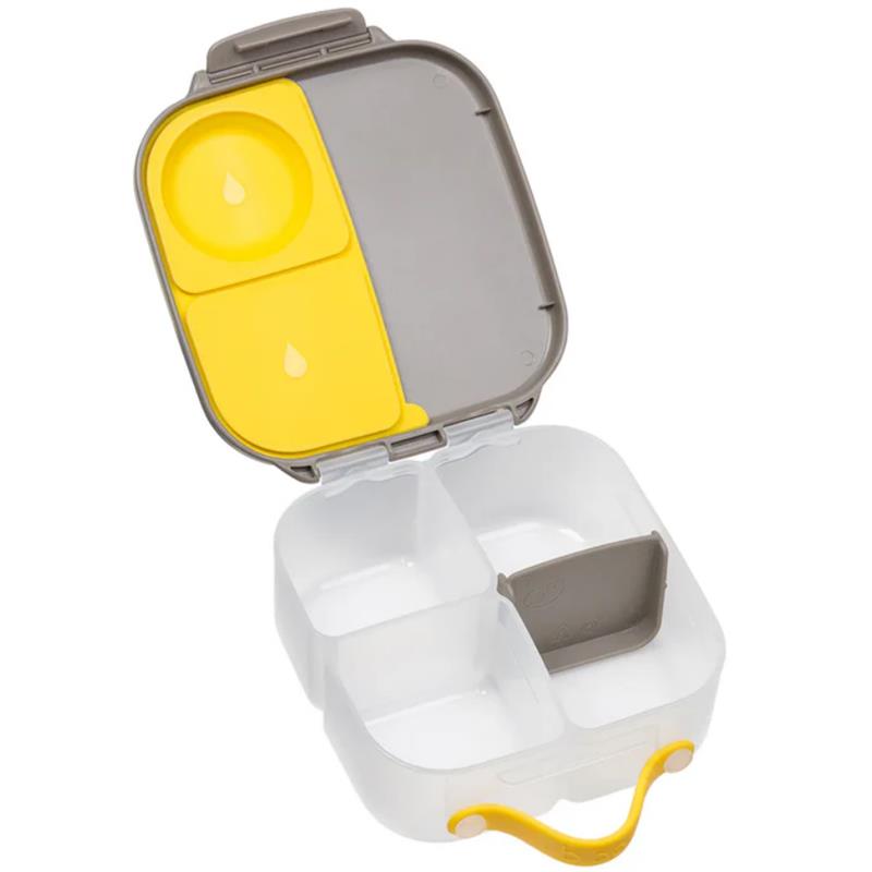 Mini lunch box featuring multiple compartments, a gray lid, and a yellow handle, designed for kids.