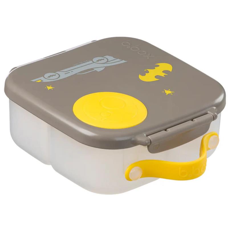 Mini lunch box featuring a Batmobile design, gray lid with yellow accents and a yellow handle.