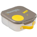 Mini lunch box featuring a Batmobile design, gray lid with yellow accents and a yellow handle.