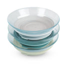 Beaba 3-pack glass plate set in grey and green, featuring three stacked plates in varying shades.