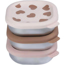 Stainless steel baby bowls set featuring three bowls with pink and brown silicone lids, decorated with hearts.