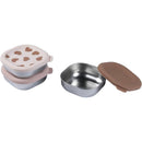 Three Beaba stainless steel baby bowls in pastel colors, featuring one with heart patterns and matching lids.