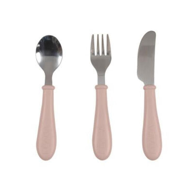 Three-piece stainless steel cutlery set from Beaba, featuring a spoon, fork, and knife with pink handles.