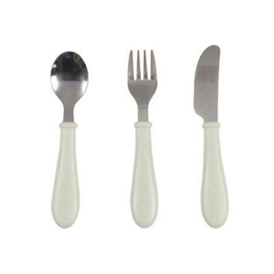 Three-piece stainless steel cutlery set in misty green, including a spoon, fork, and knife with ergonomic handles.